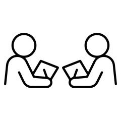Poster - An (outline style) illustration of two stylized human figures facing each other, each holding and looking at a document or tablet, symbolizing collaboration, information exchange, shared learning