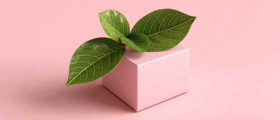Poster - Green leaves on a pink cube against a pink background creating a minimalist aesthetic composition
