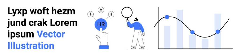 Poster - hand selecting hr icon with connected symbols, person analyzing data with magnifier, line graph char