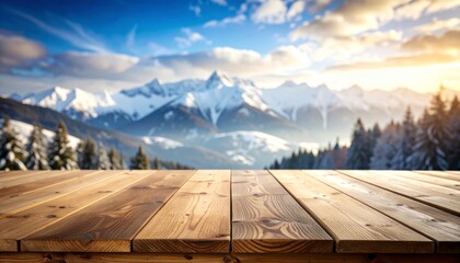 Wall Mural - empty wooden table in the mountains under a cloudy sky landscape