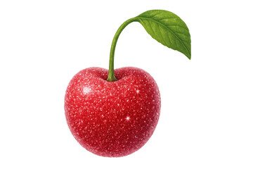 Poster - Glossy red cherry hanging with vibrant green leaf, suspended against transparent backdrop, ideal for culinary imagery