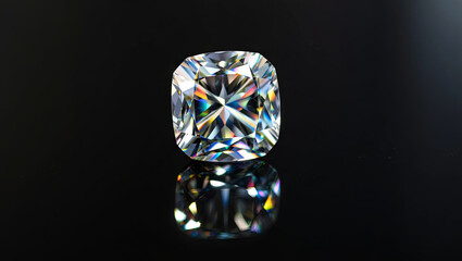 Poster - The diamond rests on a reflective black surface, catching light and displaying an array of colors. The crystal clarity and sharp facets highlight its beauty and value