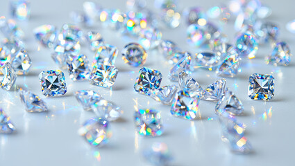 Poster - Multiple sparkling diamonds are scattered across a smooth surface, reflecting vibrant colors and light. The scene highlights the shimmering brilliance of each gem in a captivating arrangement