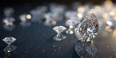 Poster - Various cut diamonds glisten on a dark surface, reflecting soft light around them. The arrangement showcases their brilliance and clarity in a sophisticated environment