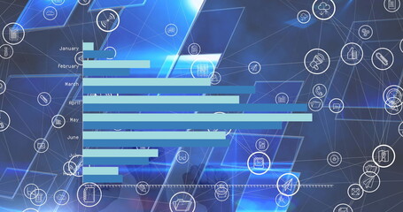 Poster - image of network of connections with icons and data processing over blue background