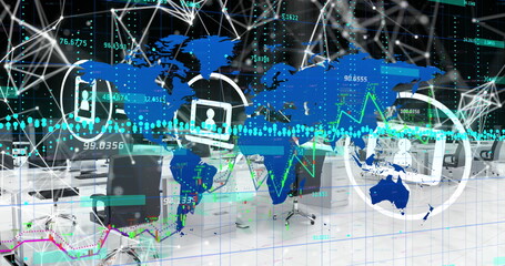 Poster - Image of financial data processing and world map over office