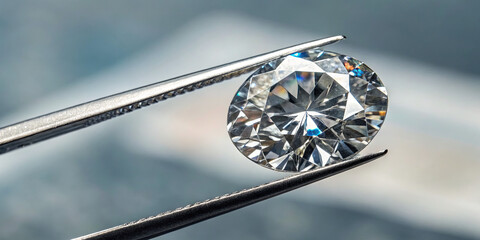 Poster - A clear and brilliant diamond is being carefully held by tweezers, showcasing its intricate cut and reflection. The background is softly blurred, enhancing the gem's features