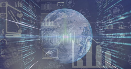 Poster - image of digital interface with data processing over a globe against blue background