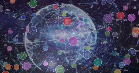 Poster - Network of digital icons and network of connections over globe against blue background