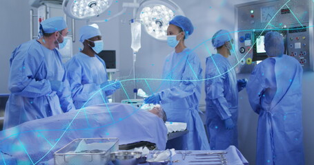 Poster - Image of dna strand over diverse surgeons during surgery