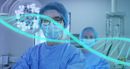 Poster - Image of dna strand over diverse surgeons with face masks