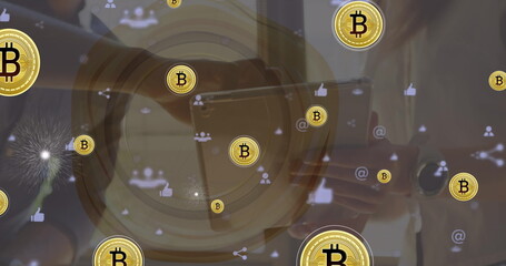 Poster - Image of bitcoins and social media icons over midsection of businesspeople using tablet