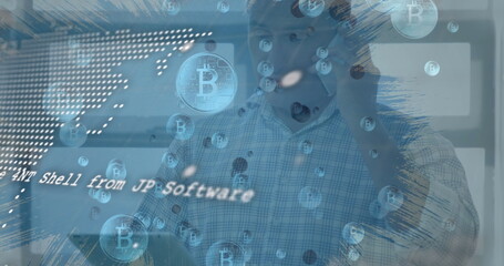 Poster - Image of data processing and bitcoin symbols over caucasian man