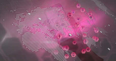 Poster - Image of globe, connections and data processing over pink background and hands with smartphone