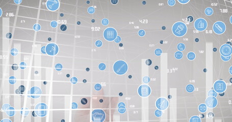 Poster - Image of graph and network of connections over grey background