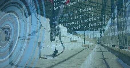 Poster - Image of digital data over african american disabled man training with running blade