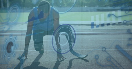 Poster - Image of digital data over african american disabled man training with running blade
