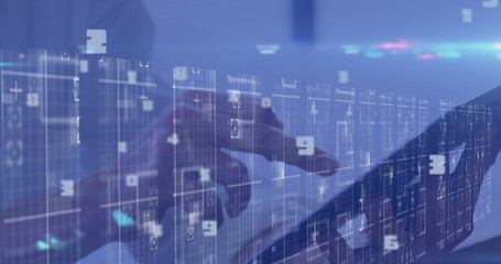 Poster - Image of data processing over hands of caucasian woman using tablet