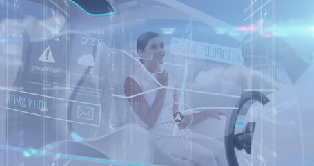 Aufkleber - image of data, connections and lights over caucasian woman in futuristic car