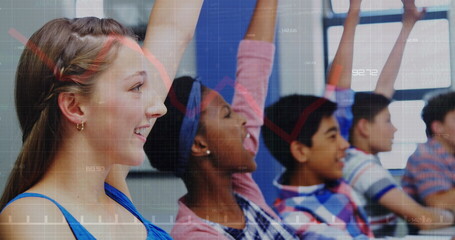 Poster - Image of graph over class of happy diverse pupils during lessons