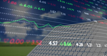 Poster - Image of financial data and graphs over solar panels