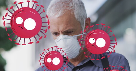 Poster - Image of falling covid 19 cells over senior caucasian man wearing face mask