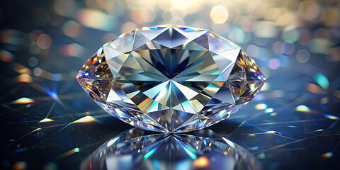 Poster - A large, clear diamond is centered, showcasing its intricate cut and brilliant light reflections. The background shimmers with a mix of colors and twinkling lights, creating a luxurious atmosphere