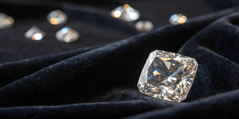 Poster - A large, brilliant-cut diamond is placed prominently on dark, plush fabric. Smaller diamonds glimmer nearby, highlighting the opulence of the scene in soft lighting