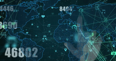 Poster - image of numbers, icons and world map over navy background