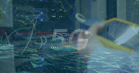 Poster - image of data processing and 5g text over caucasian worker in server room