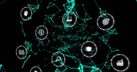 Poster - Image of falling education icons over network of connections on dark background