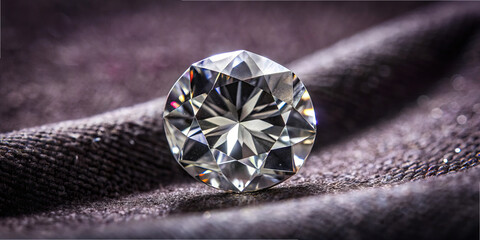 Poster - A stunning round diamond rests on a luxurious dark fabric, showcasing its brilliant facets and vibrant reflections. The play of light highlights its clarity and craftsmanship