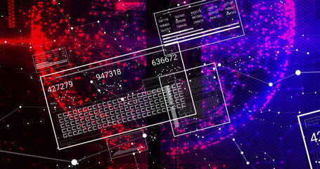 Poster - image of data processing and network of connections over dark background