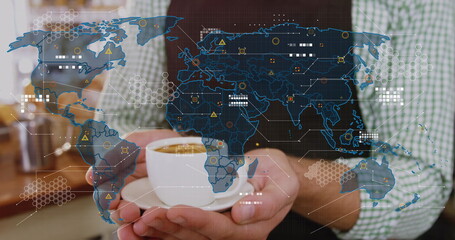 Poster - image of data processing over hands holding cup of coffee