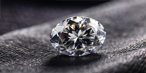 Poster - A brilliant diamond rests on a textured fabric background, reflecting light and displaying its intricate facets. The soft illumination enhances its sparkle and clarity