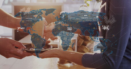 Poster - image of data processing and world map over caucasian woman holding cup of coffee