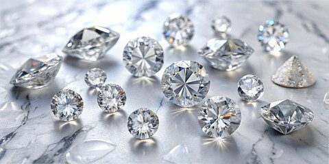 Poster - A stunning array of diamonds in different shapes and sizes lays scattered on a smooth marble surface, reflecting light beautifully and creating a sparkling effect