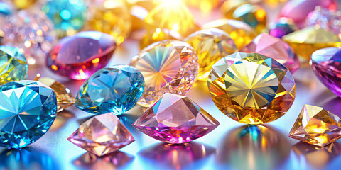Poster - A vibrant collection of gemstones displays a range of colors including blue, pink, and yellow, reflecting sunlight in a dazzling array on a shiny surface