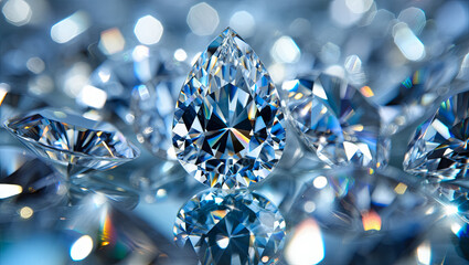 Poster - A collection of brilliant cut diamonds showcases their sparkle and clarity. The droplets of light bounce off their facets, creating a mesmerizing visual effect on a smooth surface