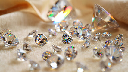 Poster - A stunning display of various cut diamonds scattered artistically on a smooth, light-colored fabric. The gems reflect light brilliantly, showcasing their sparkle and brilliance