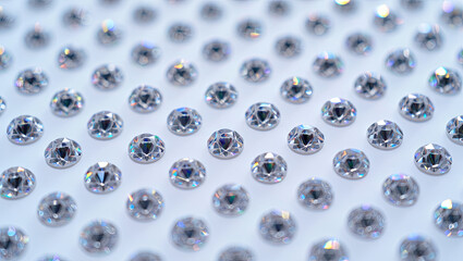 Poster - A vibrant array of clear crystals is meticulously arranged on a smooth surface, showcasing their radiant facets and colorful reflections under bright light