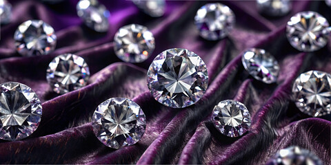 Poster - Shimmering diamonds of various sizes are artistically arranged on soft, rich purple fabric, showcasing their brilliance and enhancing the luxurious atmosphere