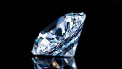 Poster - A stunning diamond rests elegantly on a reflective surface, highlighting its intricate facets. The play of light creates a dazzling prism effect against the dark backdrop