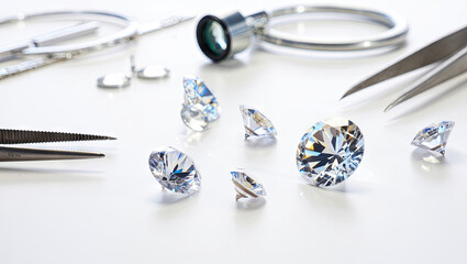 Poster - A skilled artisan organizes various cut diamonds on a work surface, surrounded by essential tools like tweezers, scissors, and a magnifying glass. The studio is bright and inviting