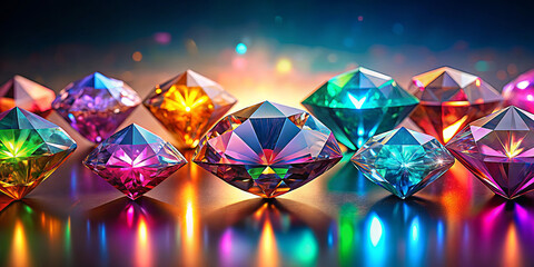 Poster - Multiple crystal diamonds of various colors glimmer on a reflective surface, illuminated by colorful lights that create a lively atmosphere at a nighttime gathering