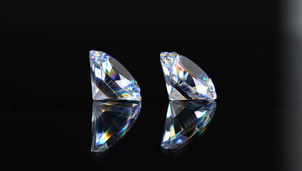 Poster - Two beautifully cut diamonds stand prominently against a dark background, each reflecting a spectrum of colors and light, emphasizing their exquisite clarity