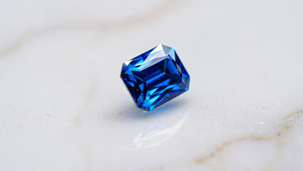 Poster - Radiant blue gemstone is reflected against a shiny marble background, highlighting its captivating cut and color. The light enhances the gem's brilliance and allure