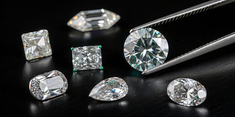 Poster - A variety of diamonds with different cuts include round, pear, and emerald shapes. They are arranged elegantly on a black surface, highlighting their brilliance and clarity under soft light