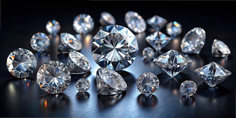 Poster - Various diamonds of different cuts and sizes are arranged on a dark surface, reflecting light and revealing their exceptional clarity and brilliance. The arrangement highlights their unique shapes