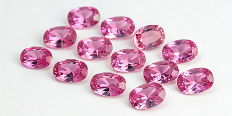 Poster - A variety of pink gemstones shine under light, showcasing their oval cuts and unique facets. The gems are placed on a smooth white surface, highlighting their vibrant colors and clarity